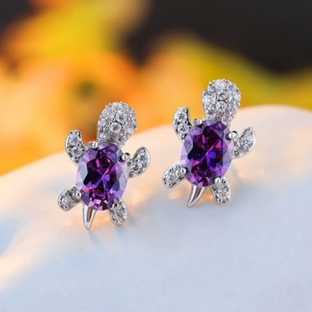 Turtle Rhinestone Stud Earrings Purple
